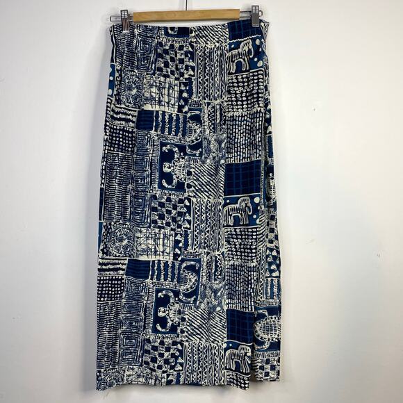 Vintage Silk Faux Wrap midi Skirt Blue Tribal Batik Artsy Tie Dye Patchwork L - Picture 7 of 8